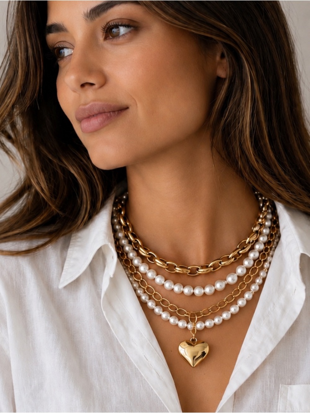 New! Gold Heart Chain Pearl Beaded Necklace Stack Set NWOT 1064
